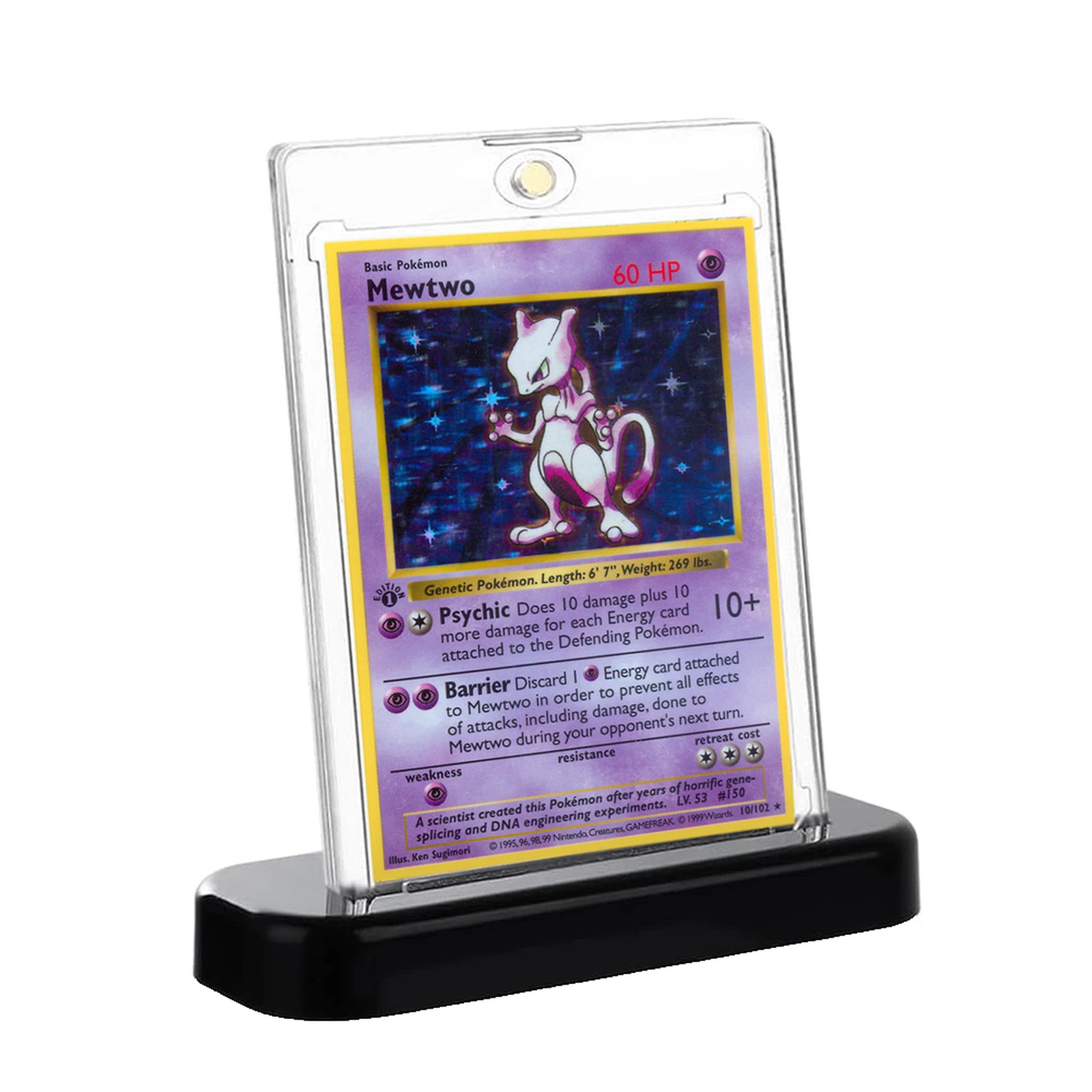 A Pokémon card in a magnetic case on a black stand